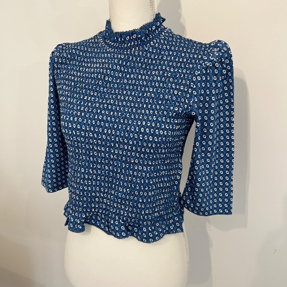 SANDRO Blue Floral Ruched Top Short Puff Sleeve Workwear Contemporary Blouse - Picture 2 of 7